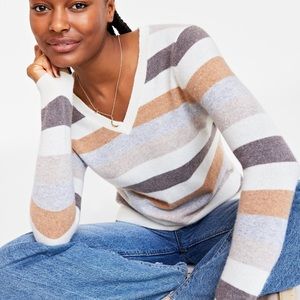 Cashmere Women’s V-Neck Stripe Sweater Size XL